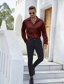 Mens Silk Satin Shirts Long Sleeve Button Down Loose Fit Dress Shirt Luxury Party Prom Wedding Shirtshalloween - 酒紅色 - 查看 3