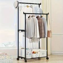 1 pieza Perchero rodante ajustable de varilla doble y varios niveles - Organizador de ropa de metal autoportante con estantes y ganchos laterales, fácil de mover, adecuado para almacenamiento en el hogar, dormitorio, armario, organización de tiendas minoristas, estructura de marco resistente - Multicolor - Ver 2