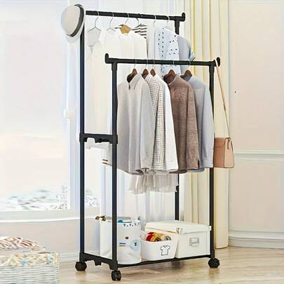 1pc Adjustable Double Rod Multi-Tier Rolling Garment Rack - Freestanding Metal Clothes Organizer With Shelves And Side Hooks, Easy To Move, Suitable For Home Storage, Bedroom, Closet, Retail Store Organization, Sturdy Frame Structure