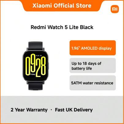 Redmi Watch 5 Lite – 1.96" AMOLED Smartwatch With Built-In GPS, Bluetooth Calling, 18-Day Battery Life, Blood Oxygen Monitoring, 470mAh Battery, Lightweight 29.2g, Compatible With Android & IOS
