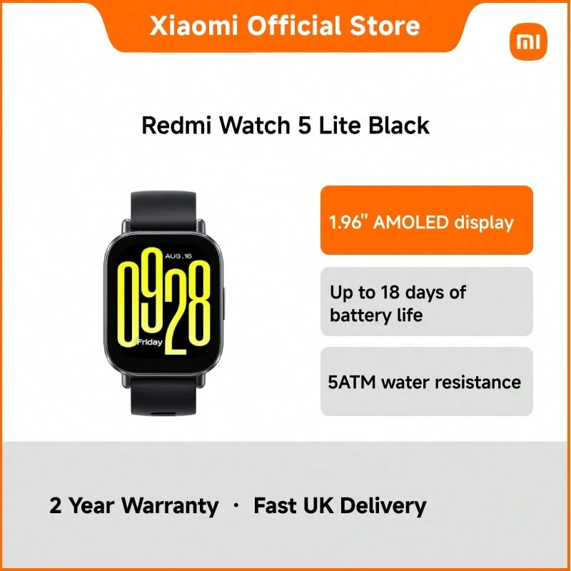 Redmi Watch 5 Lite – 1.96" AMOLED Smartwatch With Built-In GPS, Bluetooth Calling, 18-Day Battery Life, Blood Oxygen Monitoring, 470mAh Battery, Lightweight 29.2g, Compatible With Android & IOS - Black - View 1