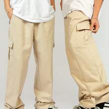 Calça Cargo Bege larga masculina estilo baggy hiphop streetwear - Bege - Visão 2