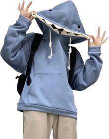 Women Cute Shark Hoodie Long Sleeve Blue Kawaii Animal Shark Shape Hooded Pullover Sweatshirts - 藍色 - 查看 1