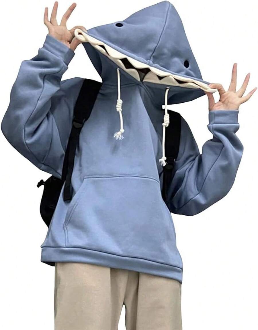 Women Cute Shark Hoodie Long Sleeve Blue Kawaii Animal Shark Shape Hooded Pullover Sweatshirts - 藍色 - 查看 1