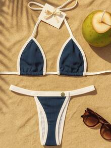 Annaruga Ribbon Bikini Set Curtain Style Beachwear Swim Look Elegant Sensual - 藏蓝色 - 查看 4