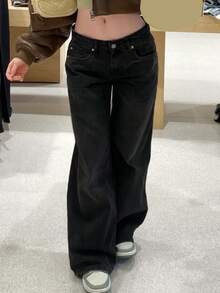 MYOURSA Low Rise Baggy Wide Leg Jeans Streetwear Casual Washed Vinatge Outfits - Black - View 3