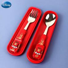 1 Set Of 2 PCS Disney Officially Licensed Cars Red McQueen Cartoon Zootopia: Judy/Toy Story: Buzz Lightyear 3D Spoon And Fork Set Non-Slip Handles Portable Storage Highly Durable Tableware Outdoor Picnics Kindergarten - Red - View 6