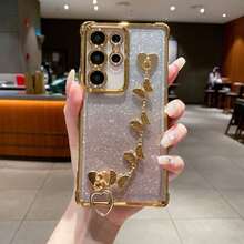 (带屏幕保护膜) (蝴蝶手链) 1 件极简主义手机壳，太空级防摔/TPU 硅胶软边豪华保护套，带防尘孔，厚边，兼容三星 Galaxy S24 Ultra/S24 Plus/S24/S23 Ultra/S23 Plus/S23/S22 Ultra/S22 Plus/S22/S21 Ultra/S21 Plus/S21 FE/S23 FE/S20 Ultra/S20 Plus/S20 FE 和支架电镀 + TPU 硅胶软边全覆盖女士/男士高端保护壳，适用于 OPPO