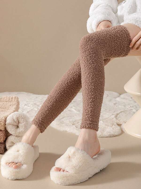 1 pereche de jambiere pentru femei, din fleece coral gros și cald, pentru iarnă, jambiere pentru genunchi, moi și confortabile, din pluș, de înaltă calitate, pentru dormit