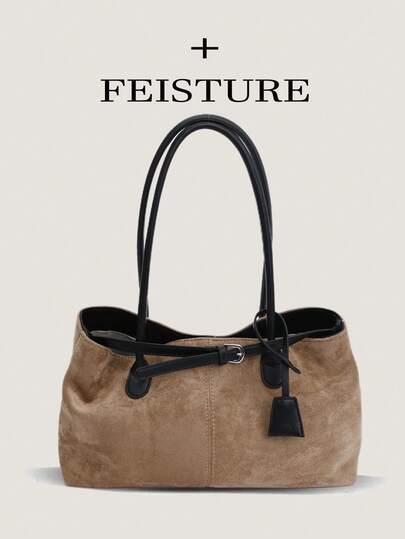 1 件仿麂皮肩带装饰大容量单肩包，磁扣，适合日常外出、约会、通勤