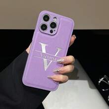 定制手机壳，后盖 INS 奢华韩国皮革防震外壳个性化首字母名称 3D DIY 雕刻金字母烫印技术 - 淡紫色 - 查看 3