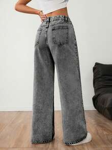 Light Grey Washed Wide Leg Jeans - Grey - View 4