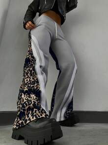 Calça Esportiva Casual e Fashionista para Mulheres, Estampa de Leopardo e Listras em Cores Sólidas para Outono e Inverno, Modelo Solto com Cadarço