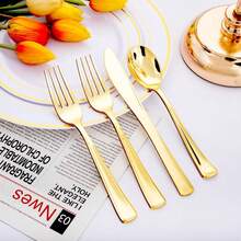 30pcs Gold Plated Flatware Set, 10-Person Setting, Includes Spoons, Forks, Knives, Suitable For Kitchen, Home, Dining Room, Shiny Gold Polished Heavy Duty Cutlery Set For Dining, Party, Dinner, Wedding - Gold - View 3