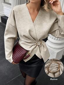 Women's Drop Shoulder Long Sleeve Metal Buckle Wrap Waist Woolen Coat - Apricot - View 1