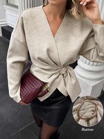 Women's Drop Shoulder Long Sleeve Metal Buckle Wrap Waist Woolen Coat