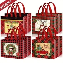 1/8/16Pcs Christmas Gift Bags, Christmas Tote Bags With Handles, Christmas Snack Bags, Multifunctional Non-Woven Christmas Bags For Gift Wrapping Shopping, Christmas Party Supplies