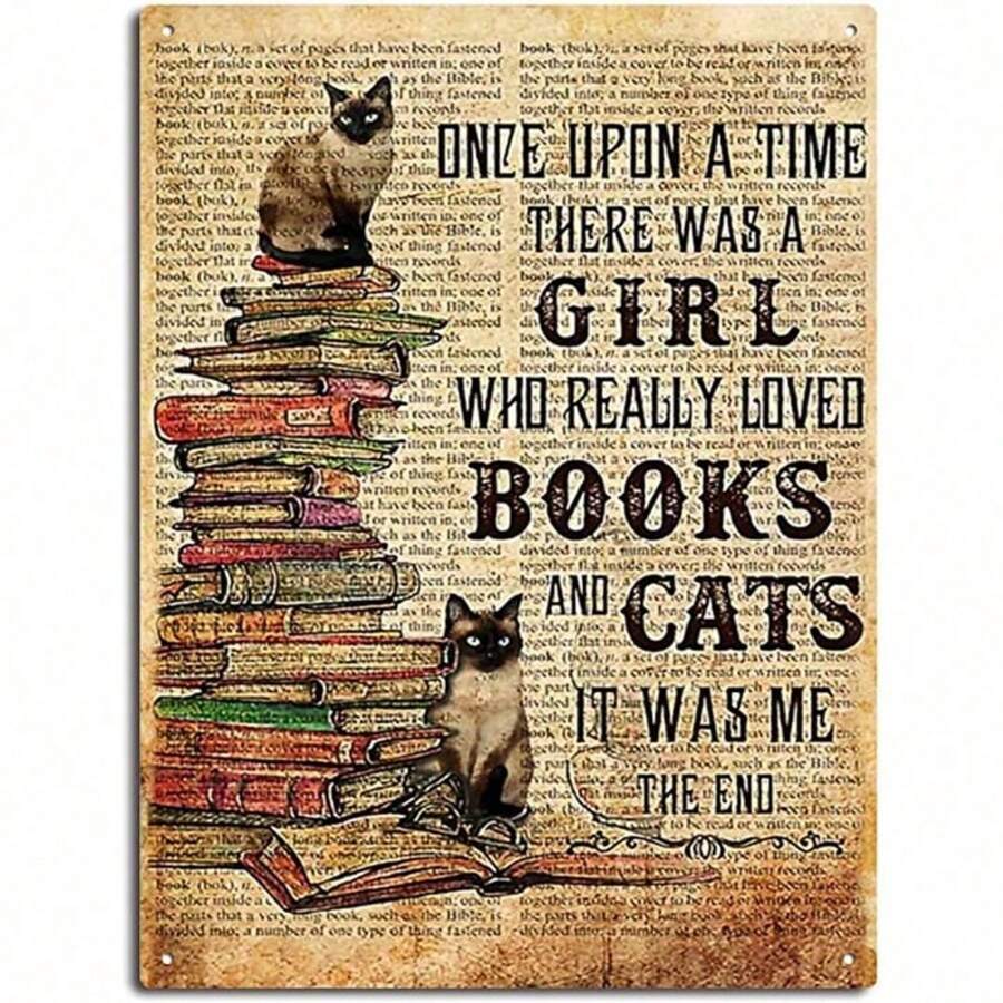 Metal Tin Sign Book A Girl Who Really Loved Books And Cats Tin Sign Vintage Art Wall Decor Sign Home Kitchen Bar Patio Cave Funny Decor - 20*30cm (8*12 inch) - Xem 1