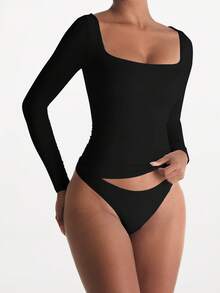 XLLAIS Big Square Neck Long Sleeve Casual Black Top Sexy High Stretch Double Layer T Shirts Women Fall Winter Clothes - Black - View 1