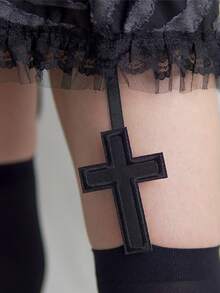1pc Y2K Punk Style Cross Design Suspender Stockings, Sexy Black Thigh High Gothic Socks For Slim Millenial Gal, Cozy