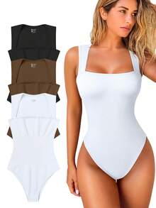 OQQ 3 Piece Bodysuits For Women Sexy Ribbed Strappy Square Neck Stretch Tank Tops Bodysuits - Black,Coffee,White - View 1