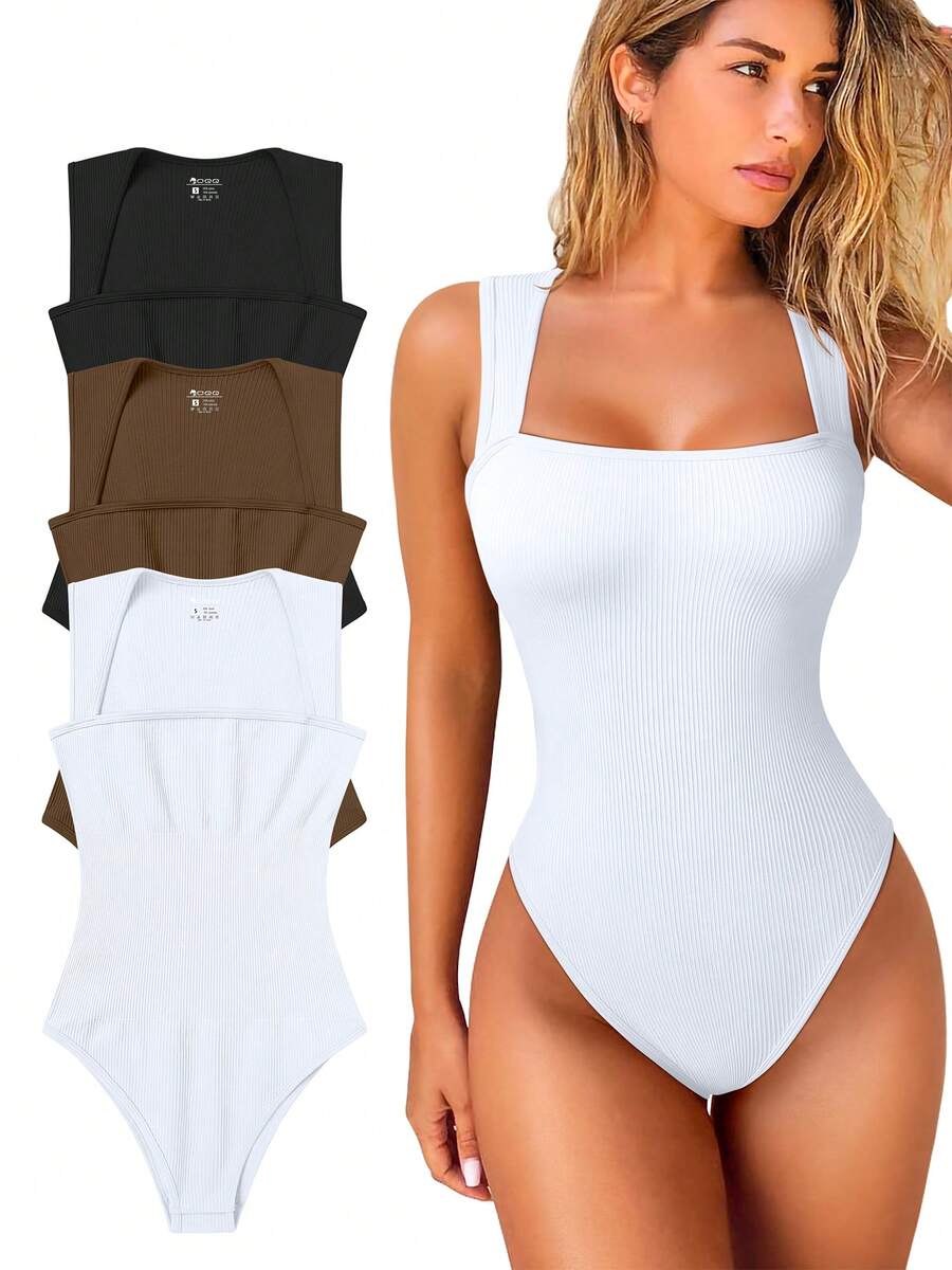 OQQ 3 Piece Bodysuits For Women Sexy Ribbed Strappy Square Neck Stretch Tank Tops Bodysuits - Black,Coffee,White - View 1