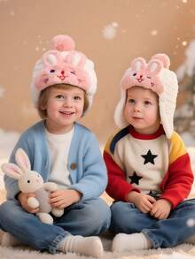 1pc Girls Baby Bunny Lei Feng Hat, Winter Thickened Plush Toddler Ear Protection Hat Cartoon Warm Children Boys Girls Lei Feng Hat