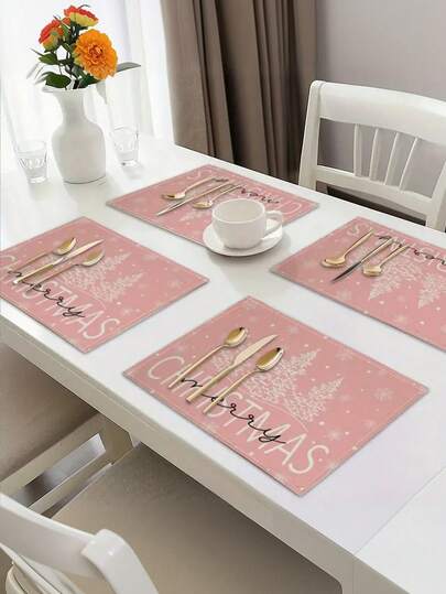 1/4/6/8/12pcs Pink Christmas Tree Print Placemats, Cute Pink Merry Christmas Placemats, Christmas Tree Elements, Washable Placemats, Suitable For Holiday Kitchen Table Decoration Settings, 12.6x16.5inch