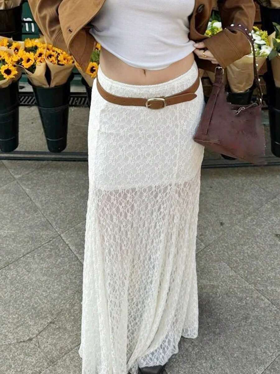 Sheer Lace Maternity Skirts For Women Loose Low Elastic Waist Long Skirt Casual Pregnancy Skirts - White - View 1