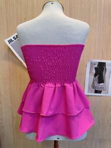 Cropped Elastic Blouse With Ruffle - Hot Pink - View 2