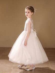 Girls' White Lace Bow Flower Girl Dress, Wedding Party Tulle Gown - White - View 3