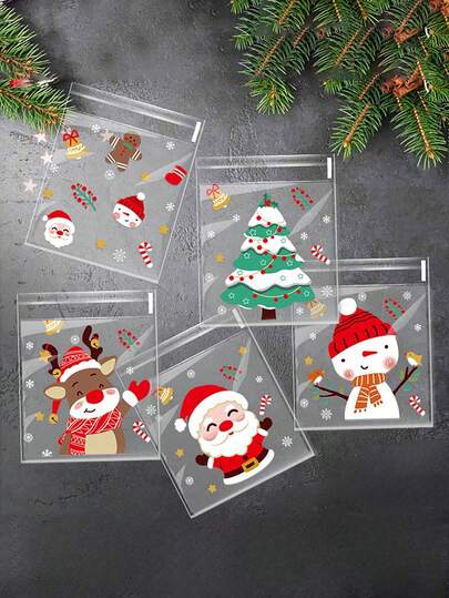 100 Bolsas para galletas de Navidad, bolsas de tratamiento autoadhesivas, bolsas de celofán transparente para regalos, bolsas de caramelos navideños, bolsas de aperitivos con diseños de Papá Noel, muñeco de nieve y renos, embalaje para panadería, envoltorios individuales para pasteles, bolsas para regalos de fiesta para Navidad, Halloween, vacaciones de invierno, Año Nuevo, suministros para fiestas de cumpleaños, artículos de cocina, accesorios de cocina, herramientas de cocina