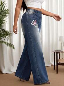 Casual Washed Floral Embroidered Wide-Leg Jeans - Blue - View 2