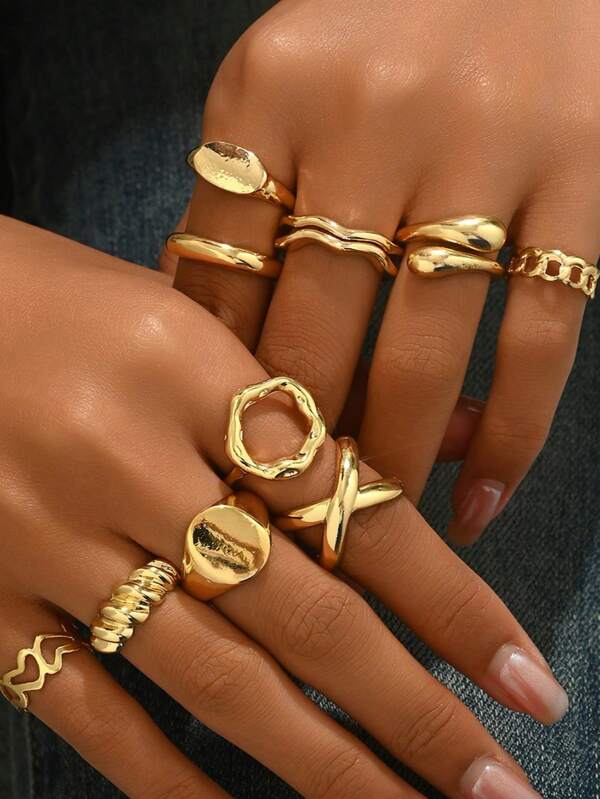 Set de 10 anillos geométricos curvos, anillos articulados, anillos abiertos exagerados, diseño de joyería única, adecuados para el uso diario de las mujeres