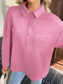 Fisoew Women Oversized Sweatshirt Long Sleeve Henley V Neck Pullover Top Fall Winter Cozy Loungewear Casual Streetwear Soft Y2K Vintage Blouse - 粉紅色 - 查看 5