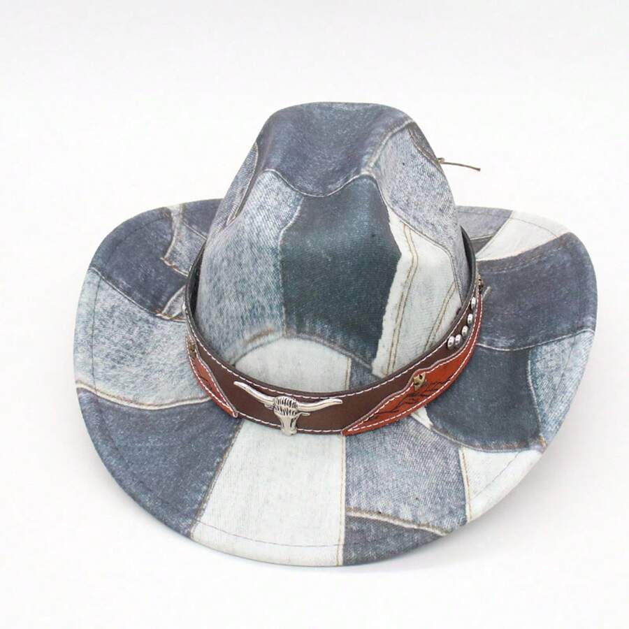 Sombrero de vaquera de ala ancha con contraste de color, gorra de jazz con cinturón elegante, gorra occidental para uso diario y fiestas. - Negro - Ver 1