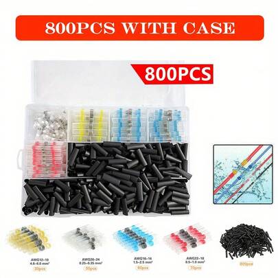 800 - Piece Heat Shrink Butt Terminals With Solder Seal Sleeve - Waterproof Wire Connectors, Great For Electrical Projects, Provide Secure Cable Connection
