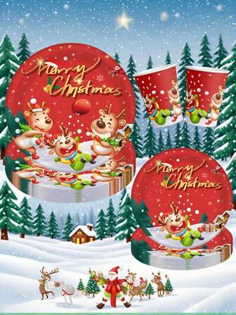 10 件圣诞主题一次性餐具、纸盘、纸杯、纸巾、圣诞帽、围巾、可爱的驯鹿形圣诞树图案，适合圣诞节聚会和节日期间的家庭聚会。