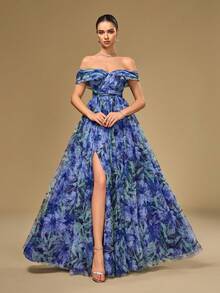 Charmantes vintage blaues Blumenprint Mesh Maxikleid, Off-Shoulder Ausschnitt und Ärmel, geeignet für formelle Anlässe, Hochzeiten, Abschlussfeiern, formelle Abendessen, Partys