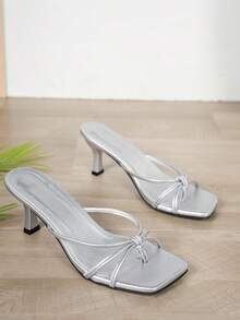 多带交叉设计银色方头细高跟鞋，时尚银色高跟穆勒鞋，舒适银色高跟鞋，猫跟鞋，适合任何正式场合，春夏装扮 - 銀色 - 查看 5