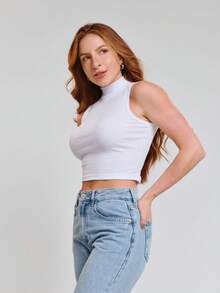 Kit With 3 Cropped High Neck Ribbed Women's Blogger Blouses - đen/hồng/trắng - Xem 5