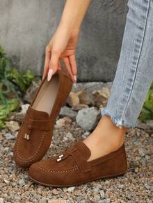 女士金属扣装饰软底休闲绒面平底鞋，春秋季，乐福鞋 - 棕色 - 查看 2