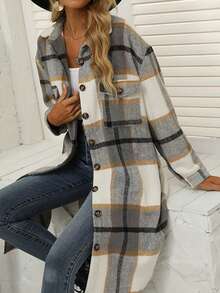 Chaqueta casual de mujer con botones y manga larga a cuadros, otoño