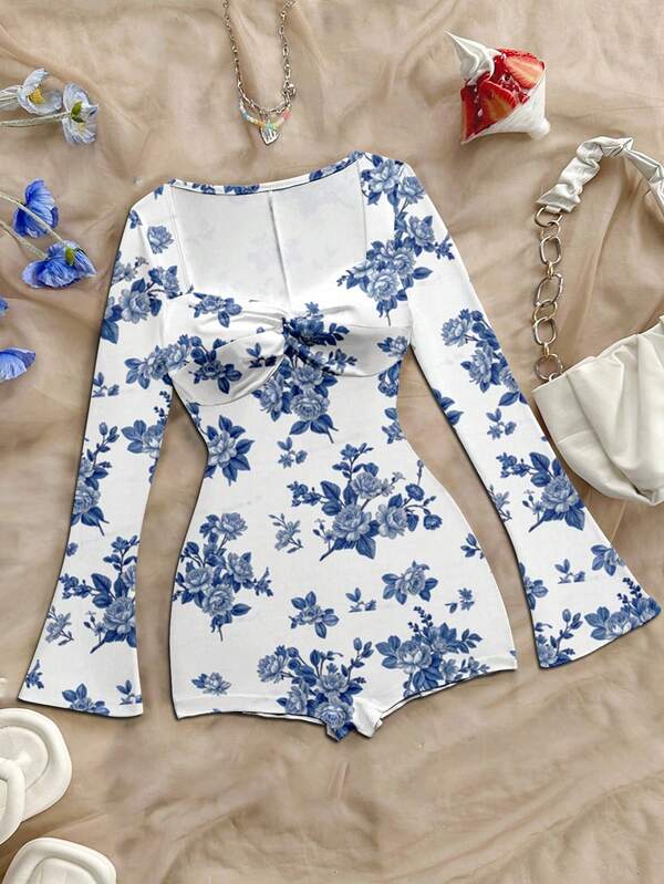 Women's Summer New Arrival Sexy Party Beach Blue Floral Leaf Print Diamond Neck Knot Bodice Flared Sleeve Mid-Stretch Knit Bodycon White Romper Shorts