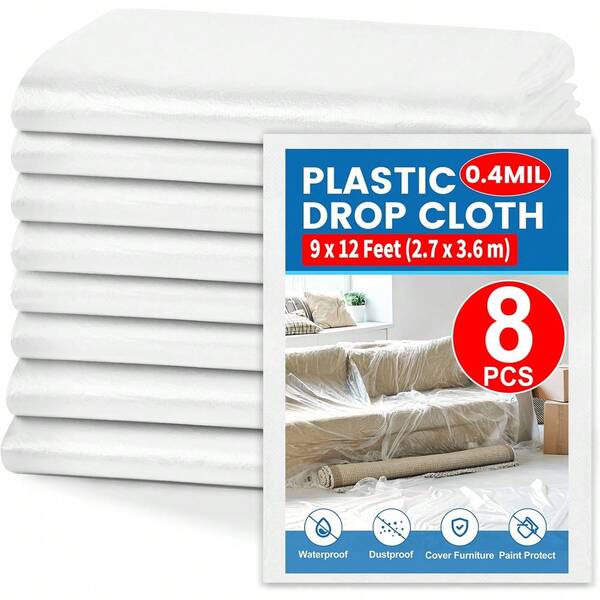 8 Pack Plastic Drop Cloth, 9 X 12 Feet Plastic Sheeting, Painter's Sheeting & Tarps Painting, Dustproof Painters Plastic Tarp Furniture Cover