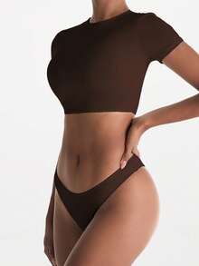 XLLAIS Small Round Neck Short Sleeve Fitted Sport T Shirt Cooling Layer Cute Summer Crop Tops 2025 - Dark Brown - View 8