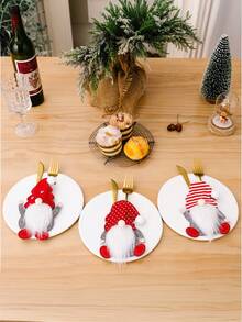 3/6pcs Christmas Table Setting Decorations With Gnome & Snowman Faceless Knife And Fork , Red & White Polka Fabric Protective Covers & Spoon Holder - Festive Cutlery Holders For Home & Restaurant Use, Durable Fabric Material, Easy-Clean Holiday Tableware (Knives/Forks Not Included) - Ideal For Christmas Parties & Everyday Dining - Adorable Gnome Characters With White Pom-Poms & Red Scarves, Seasonal Table Decor, Party Planners, Christmas Decor - Multicolor - View 6