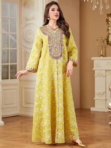 Women's Robe, Islamic Dubai Dignified Embroidered Luxurious Fashion Long Robe, Abaya Dress, Round Neck Arabic Robe Spring - Yellow - View 5