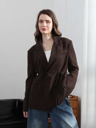 Elegante zakelijke casual blazer voor dames – effen kleur met riem, veelzijdige jas voor alle seizoenen, geschikt voor werk, kantoor en dagelijks gebruik. Lente