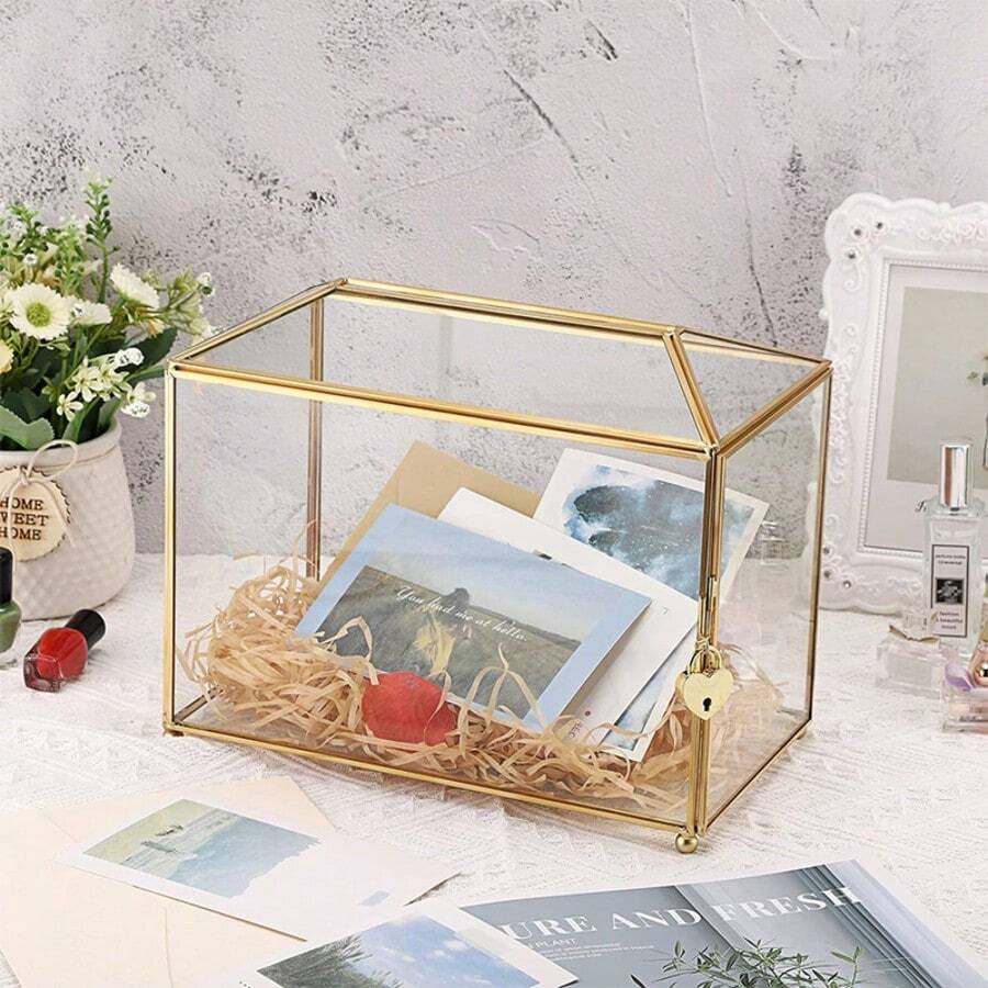 Elegant Golden Glass Card Box With Lock And Slot - 10. 2 X 5. 9 X 8. 3 Inches, Large Transparent Geometric Design For Wedding Receptions, Birthday Parties, And Gift Decorations (Glass Box Only), Gift Presentation Box, Glass Storage Box - 金色 - 查看 1